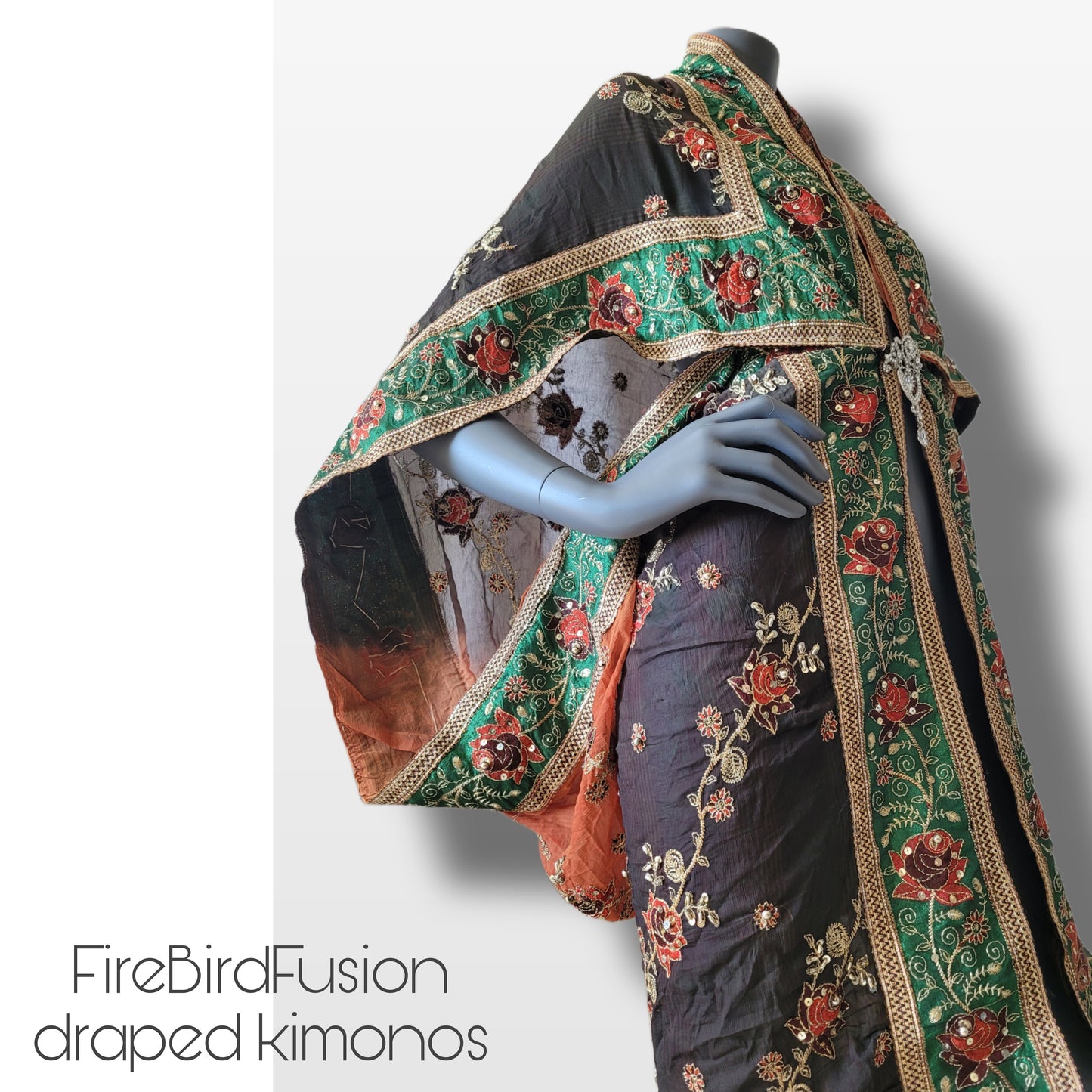 Short draped kimono in brown and rusty brown with broad embroidered trim in green (M)