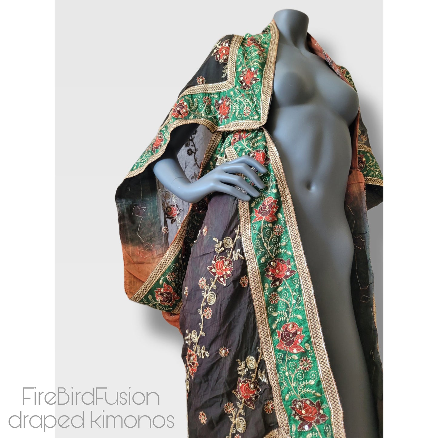 Short draped kimono in brown and rusty brown with broad embroidered trim in green (M)
