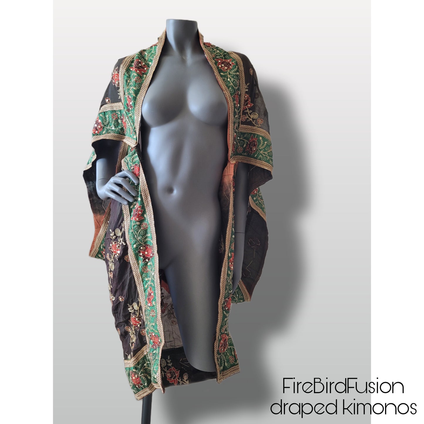 Short draped kimono in brown and rusty brown with broad embroidered trim in green (M)