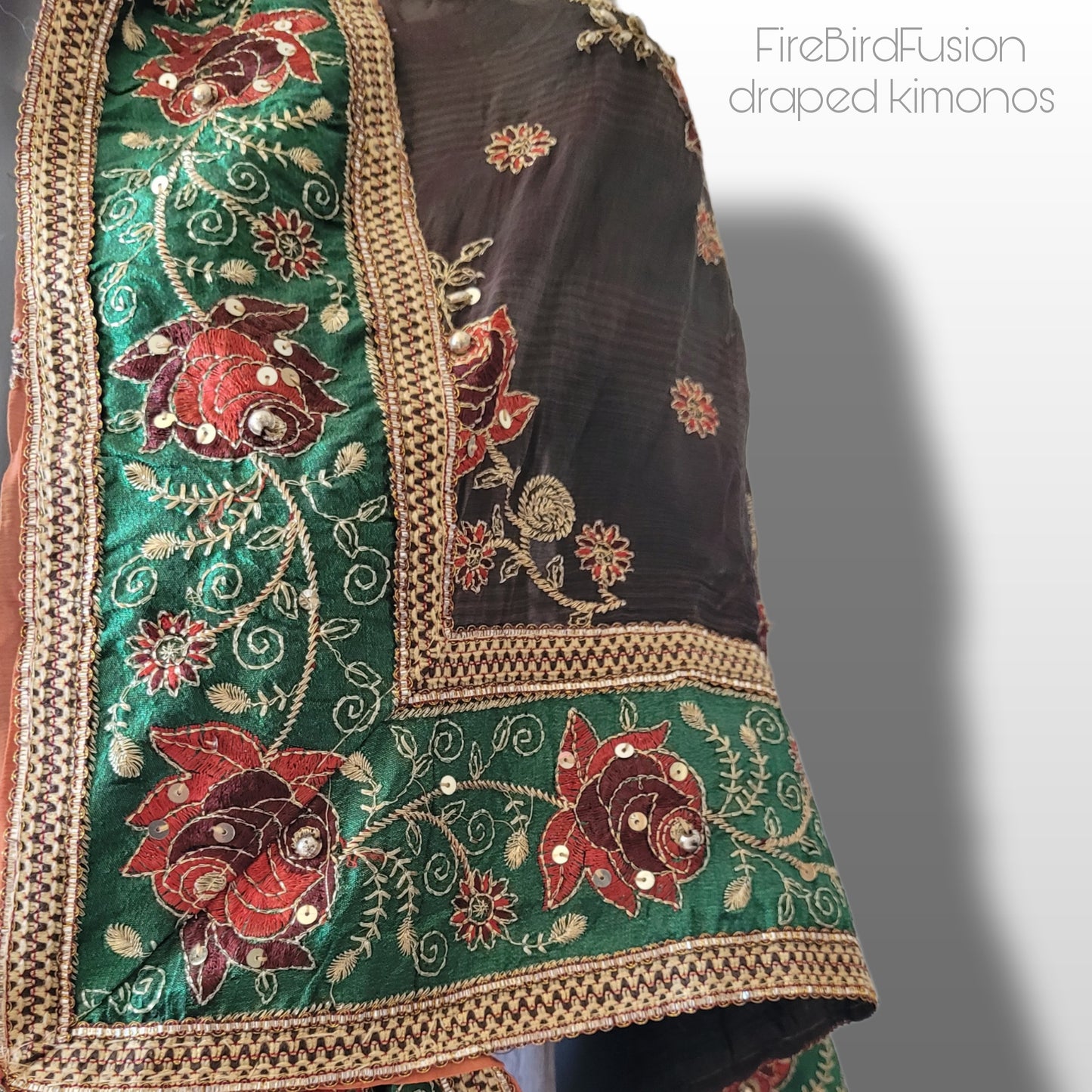 Short draped kimono in brown and rusty brown with broad embroidered trim in green (M)
