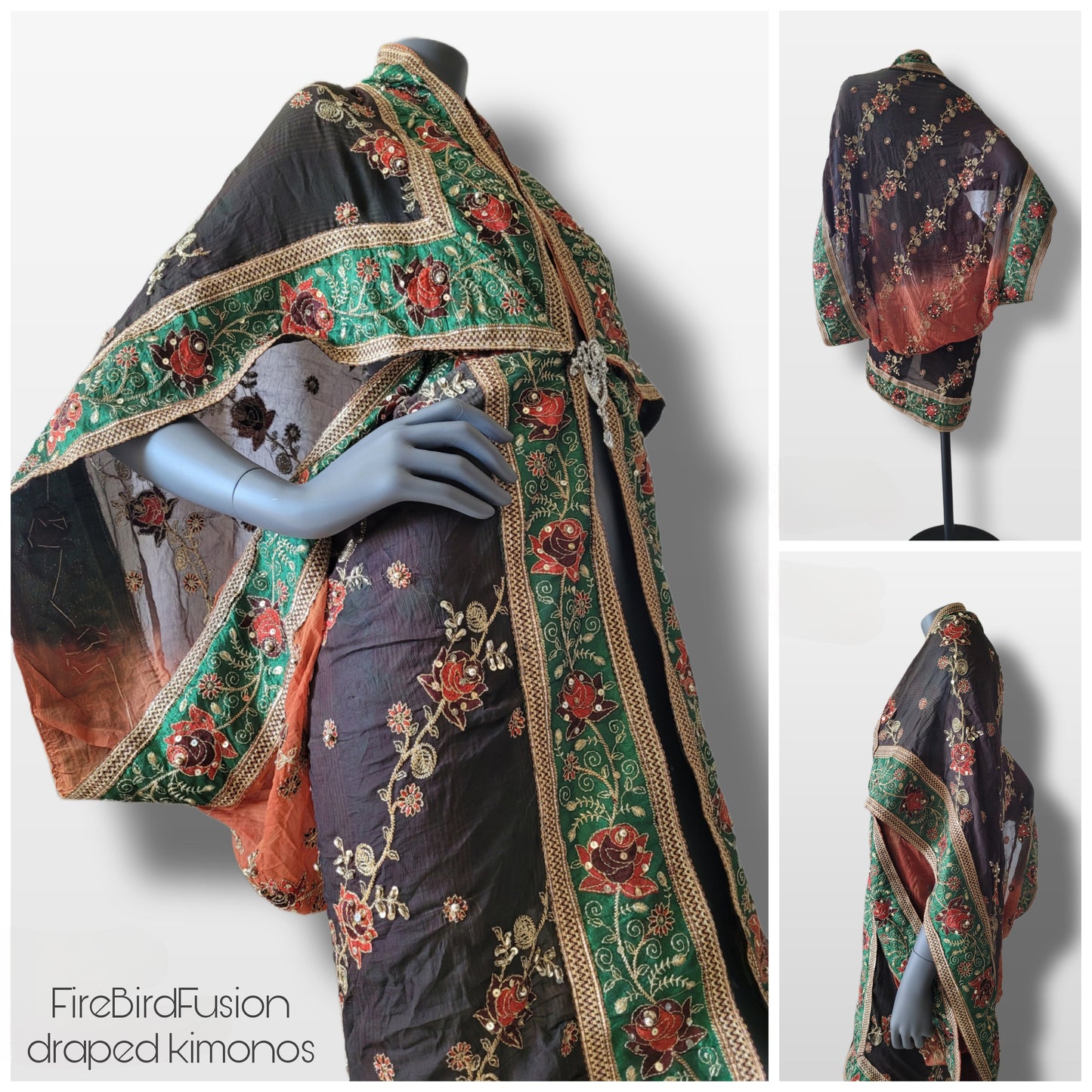 Short draped kimono in brown and rusty brown with broad embroidered trim in green (M)