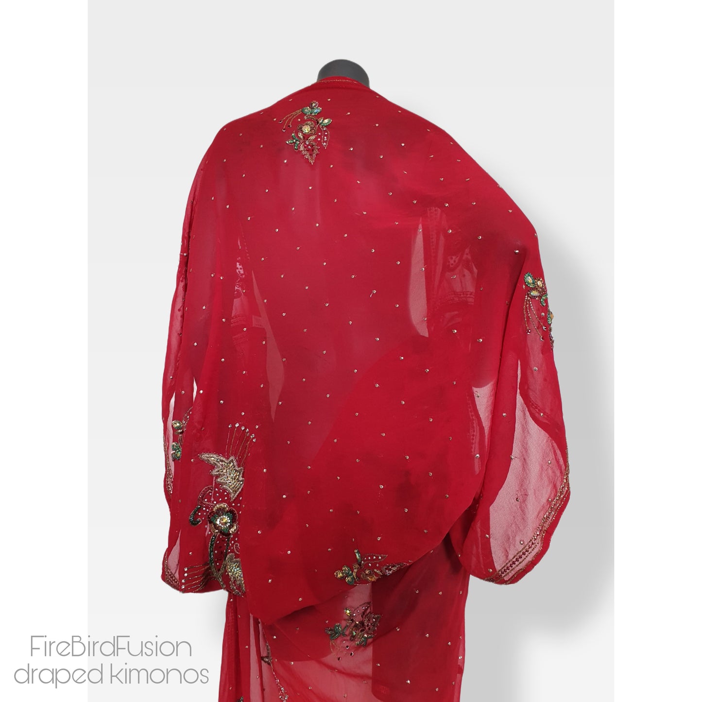 Draped kimono in red with a mix of glass bead, sequins and zardozi embrodery (L)