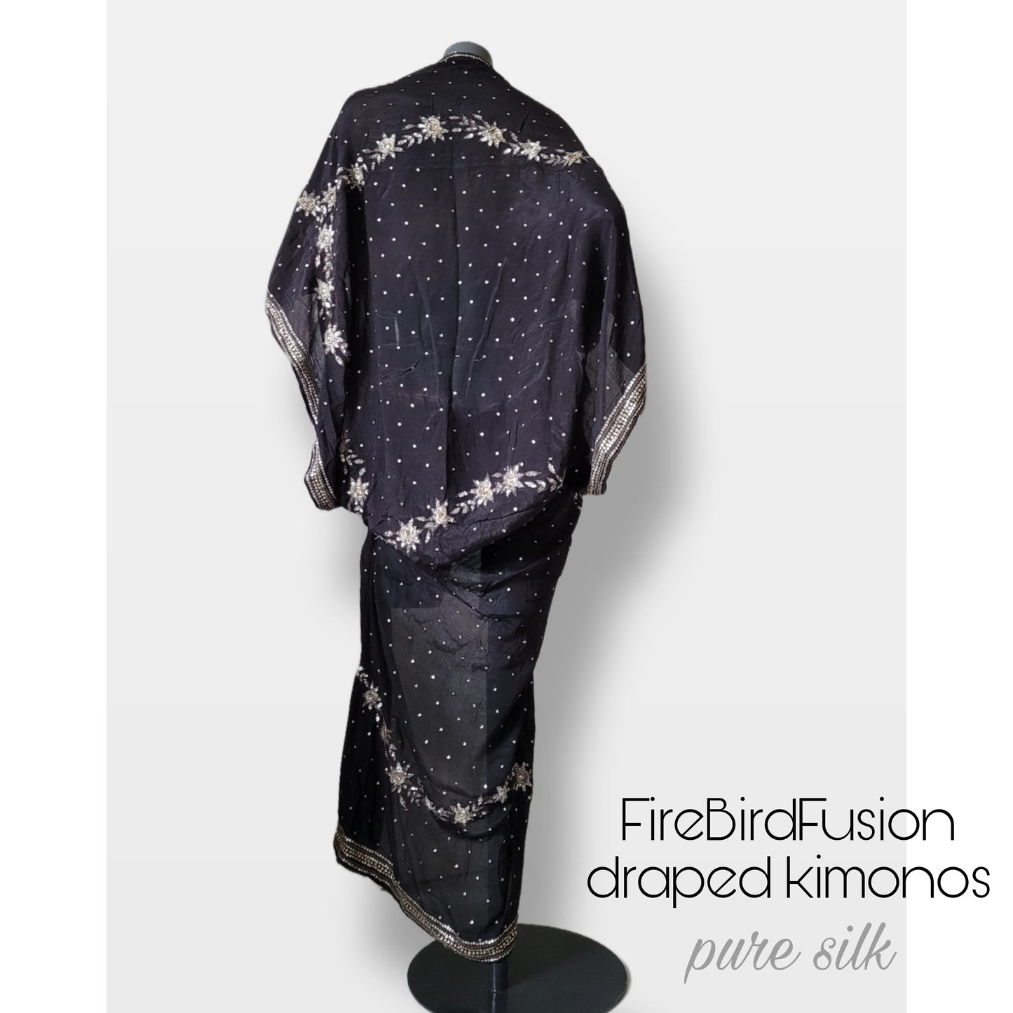 Luxurious draped kimono in pure silk, black with golden trims and floral embroidery (M)