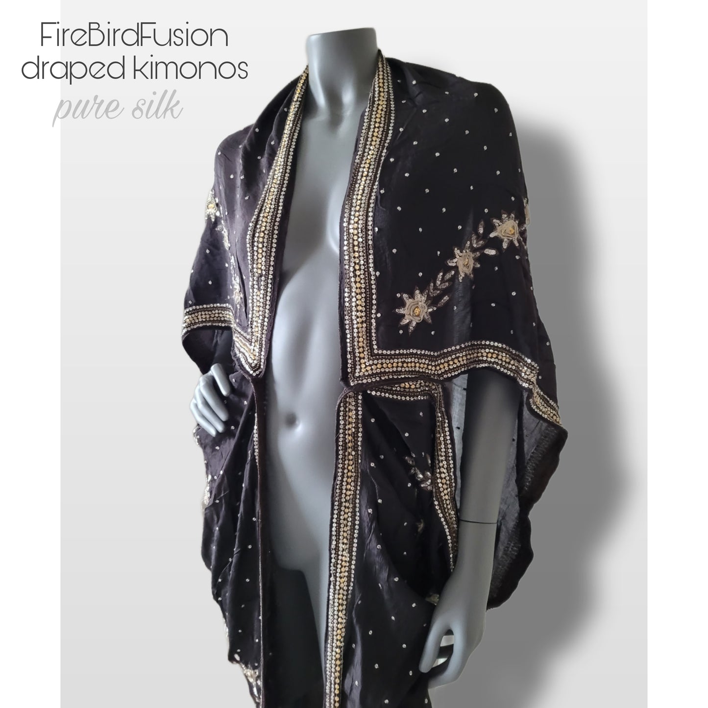 Luxurious draped kimono in pure silk, black with golden trims and floral embroidery (M)