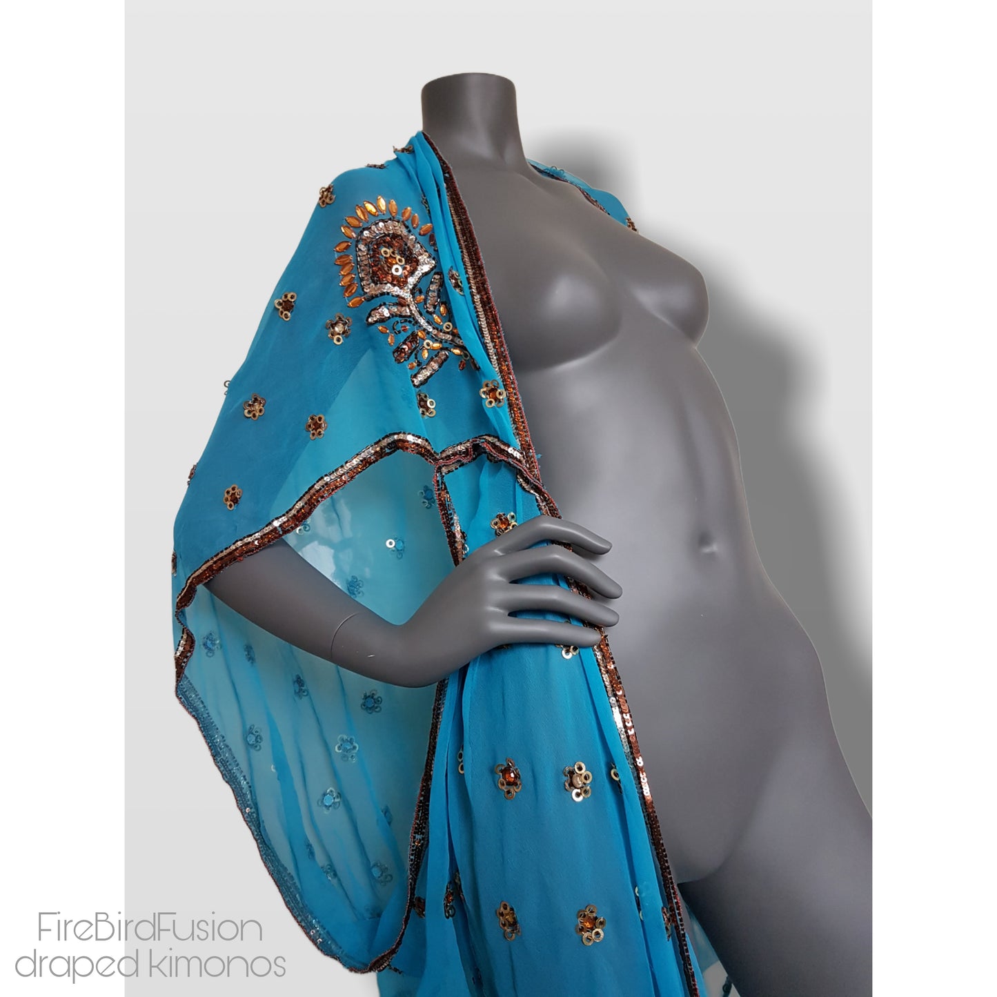 Draped kimono in bright blue with bold bronze embroidery (M)