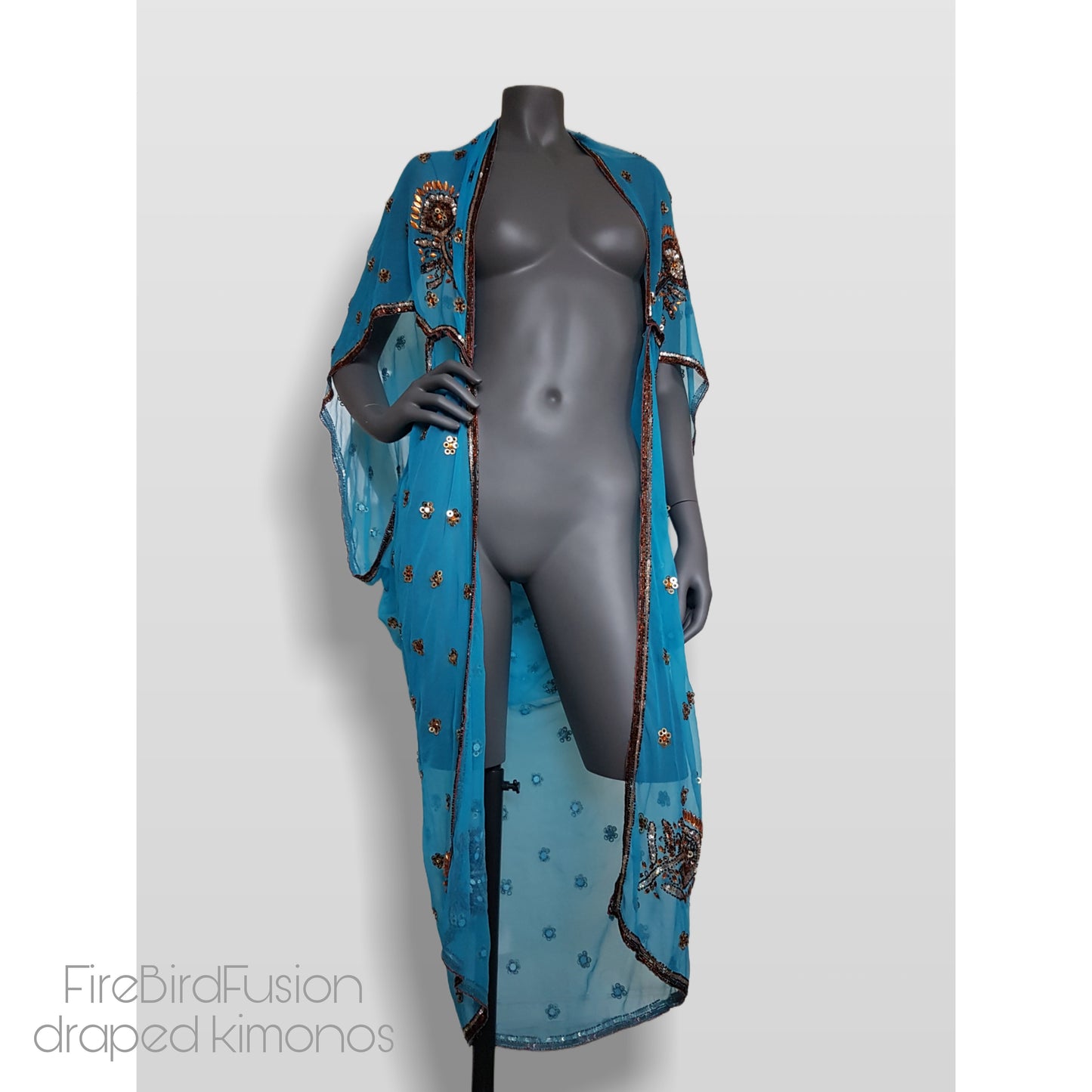 Draped kimono in bright blue with bold bronze embroidery (M)