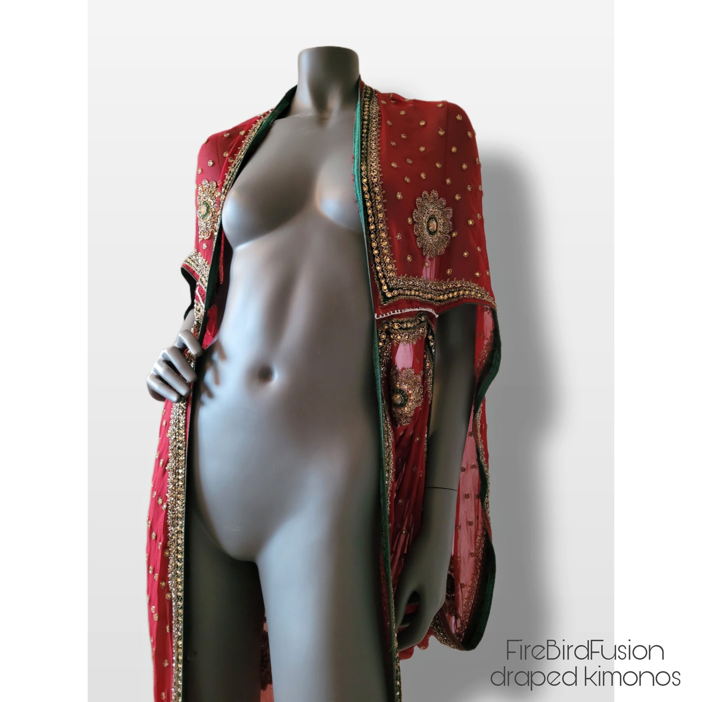 Draped kimono, red with green velvet inlays, hand embrodery with pale golden glass beads and green lined trim (S)