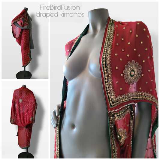 Draped kimono, red with green velvet inlays, hand embrodery with pale golden glass beads and green lined trim (S)