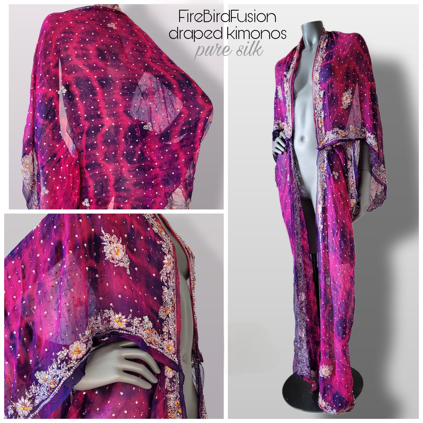 Luxurious draped kimono in pure silk, hand dyed batik in fucshia and purple with stunning embroidery (L-XL)