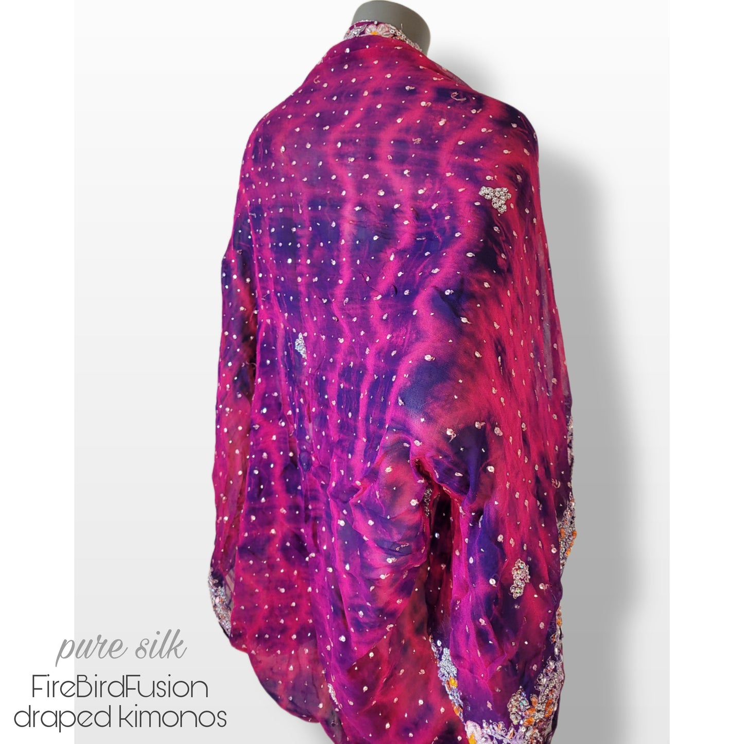 Luxurious draped kimono in pure silk, hand dyed batik in fucshia and purple with stunning embroidery (L-XL)