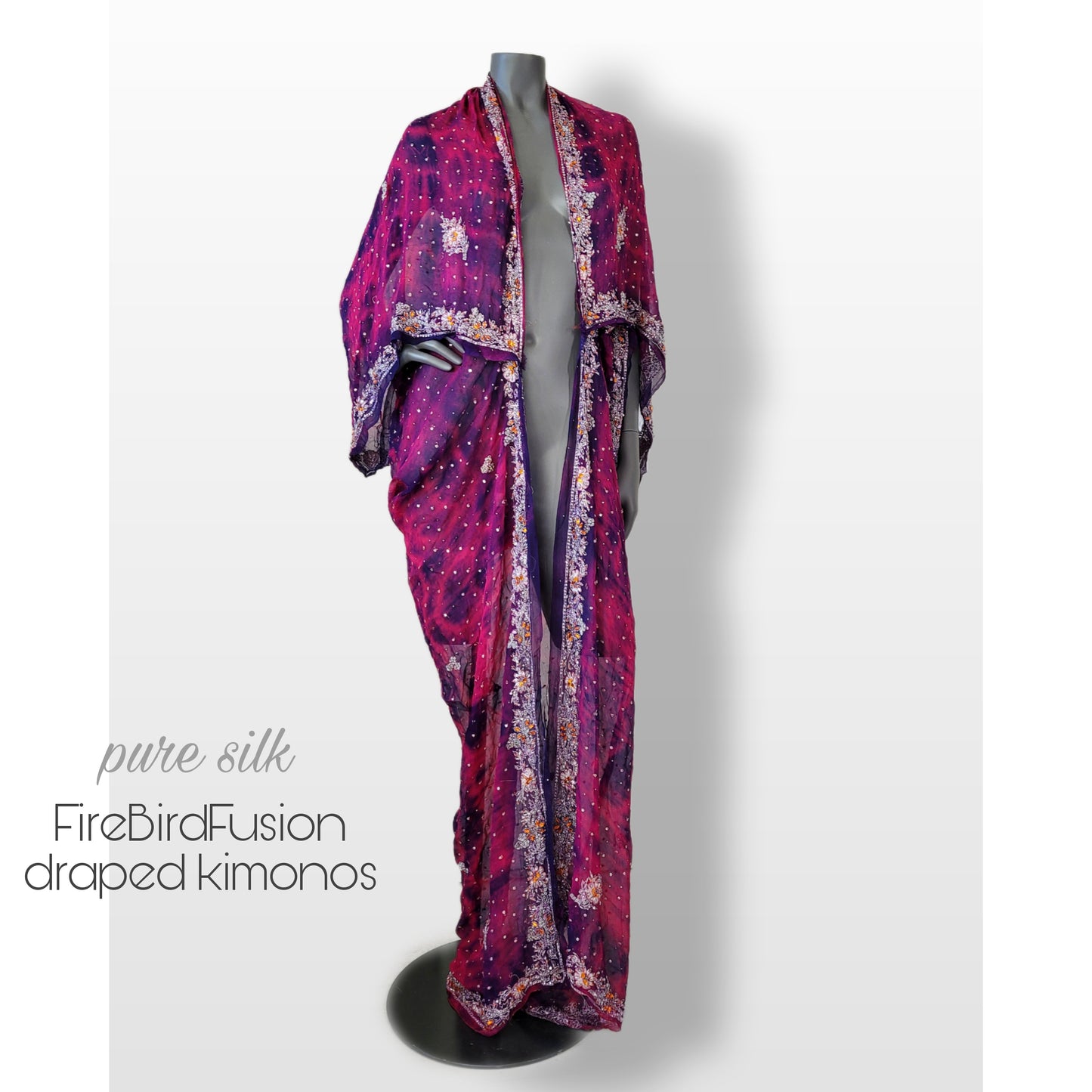 Luxurious draped kimono in pure silk, hand dyed batik in fucshia and purple with stunning embroidery (L-XL)