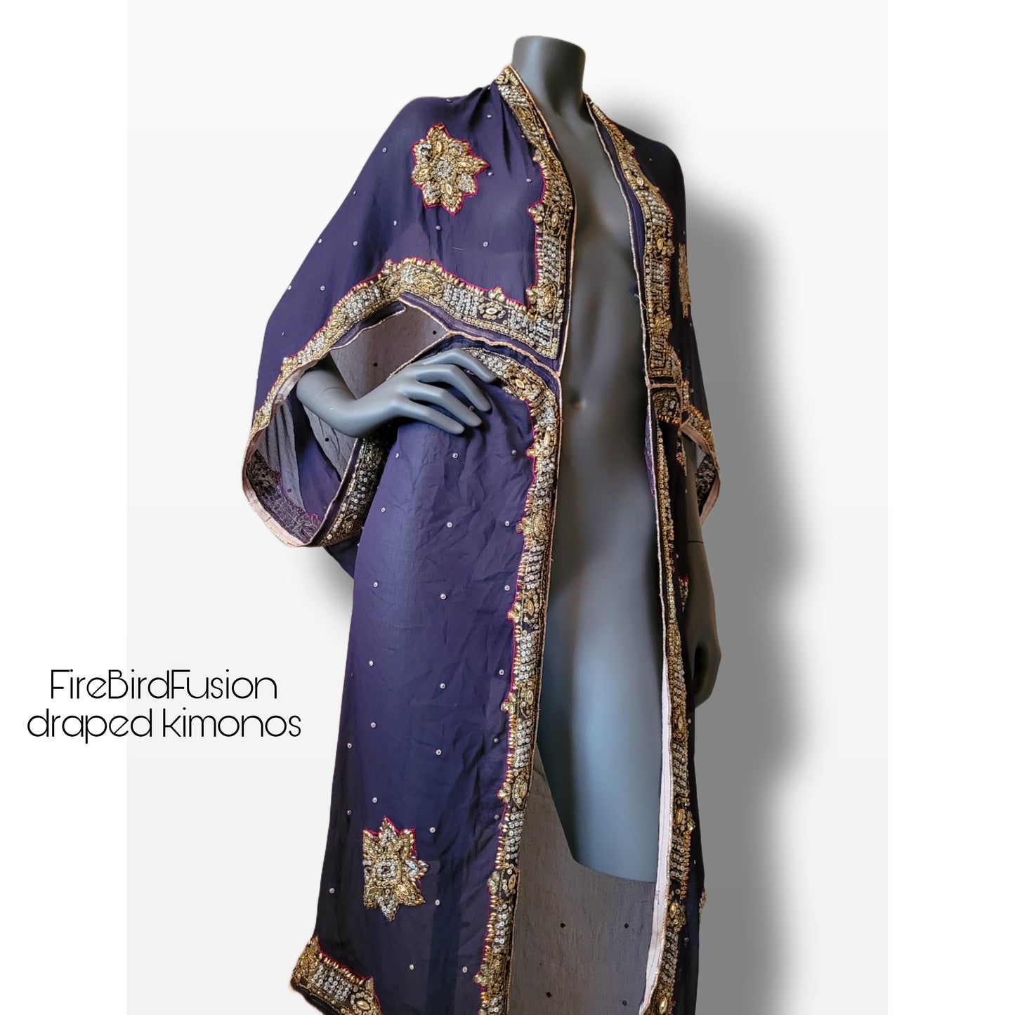 Draped kimono in dark plum with elaborated hand embellishments in gold, silver, red and yellow (L)