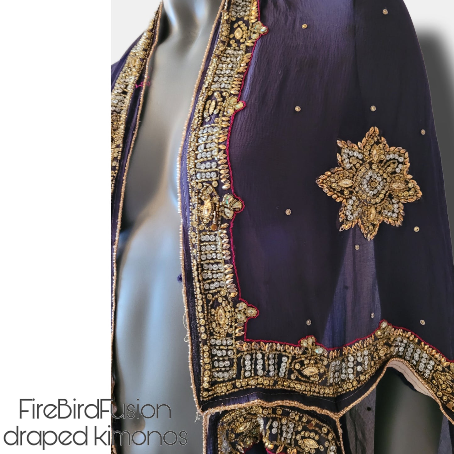 Draped kimono in dark plum with elaborated hand embellishments in gold, silver, red and yellow (L)