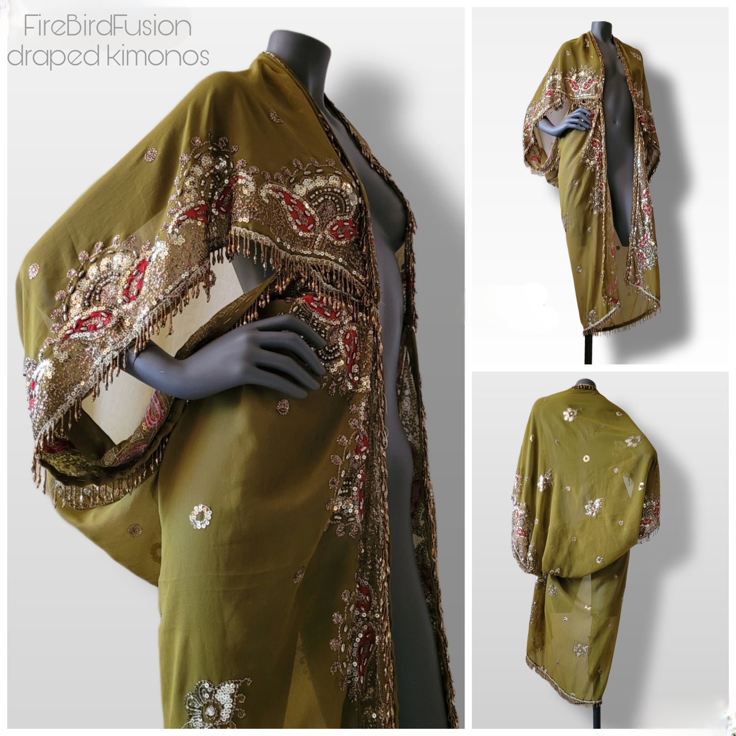 Draped kimono in light olive green with broad embroidered trim in gold, silver and red and beaded fringe (M)