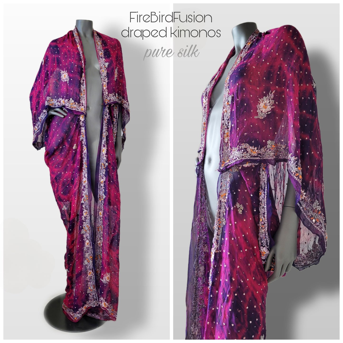 Luxurious draped kimono in pure silk, hand dyed batik in fucshia and purple with stunning embroidery (L-XL)