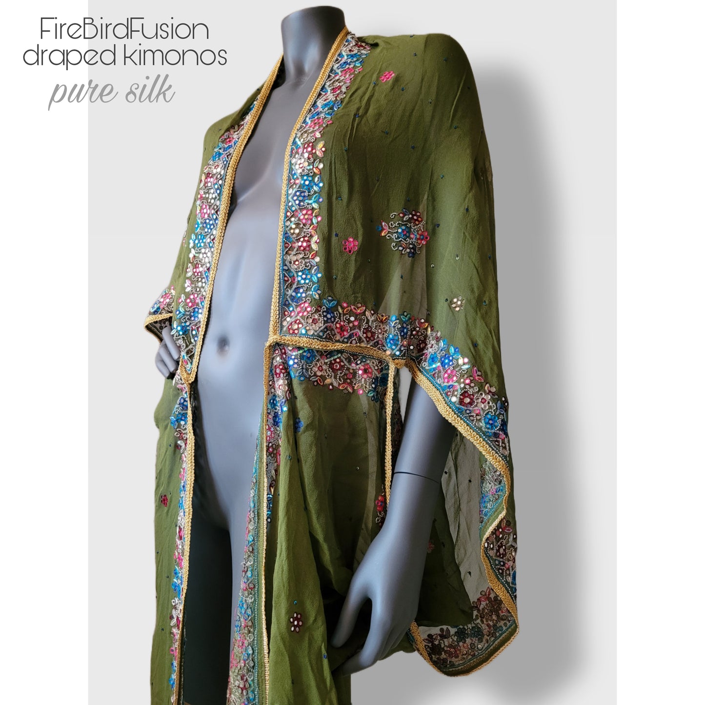 Luxurious draped kimono in pure silk, in light dusty olive green with stunning shisha (mirror) embroidery (XL)