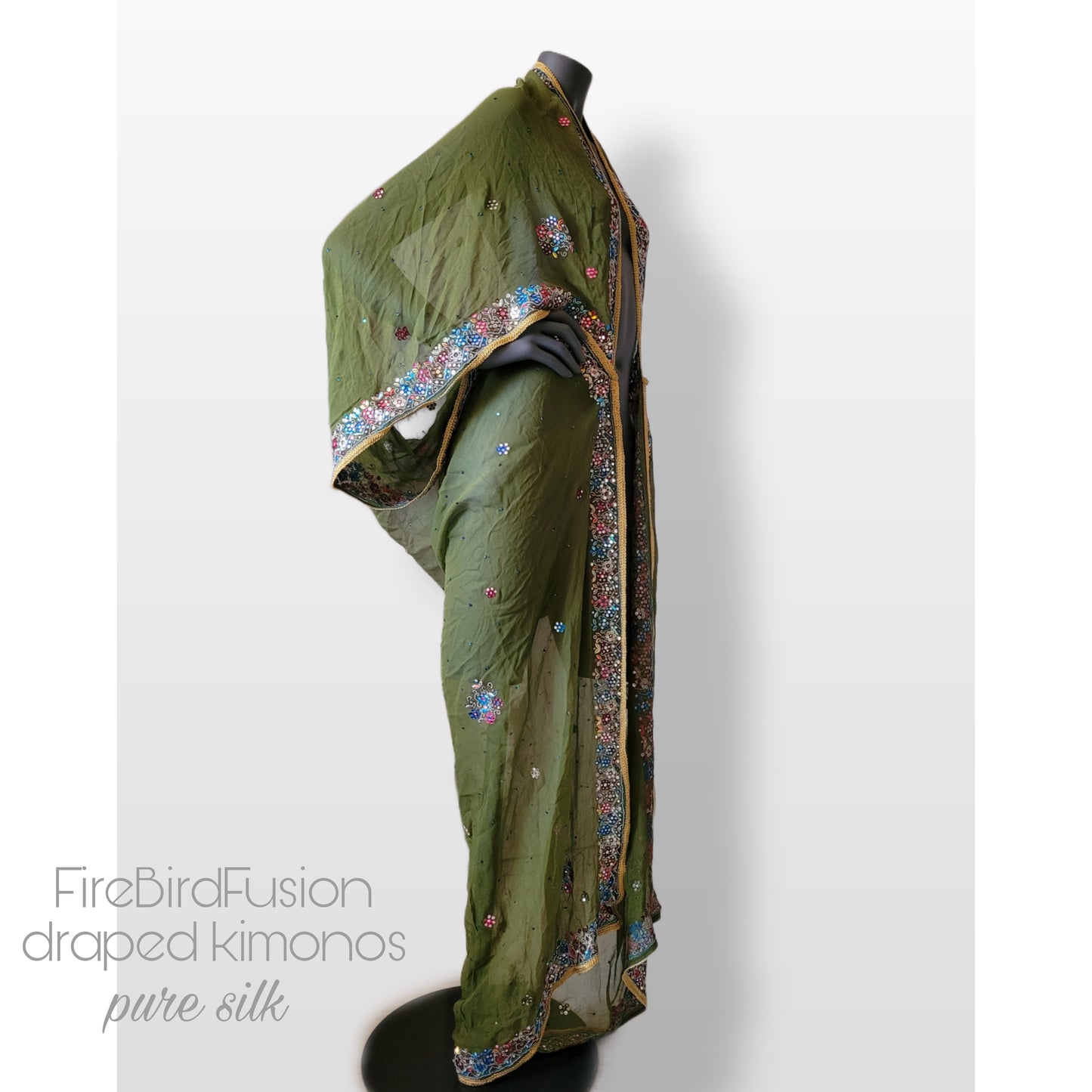 Luxurious draped kimono in pure silk, in light dusty olive green with stunning shisha (mirror) embroidery (XL)