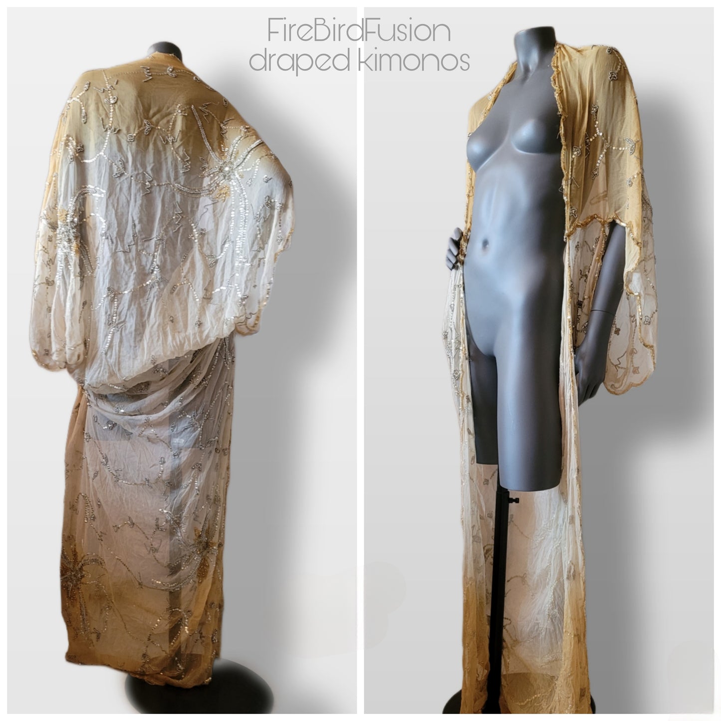 Draped kimono in ivory and pale yellow with golden floral embroidery (M-L)