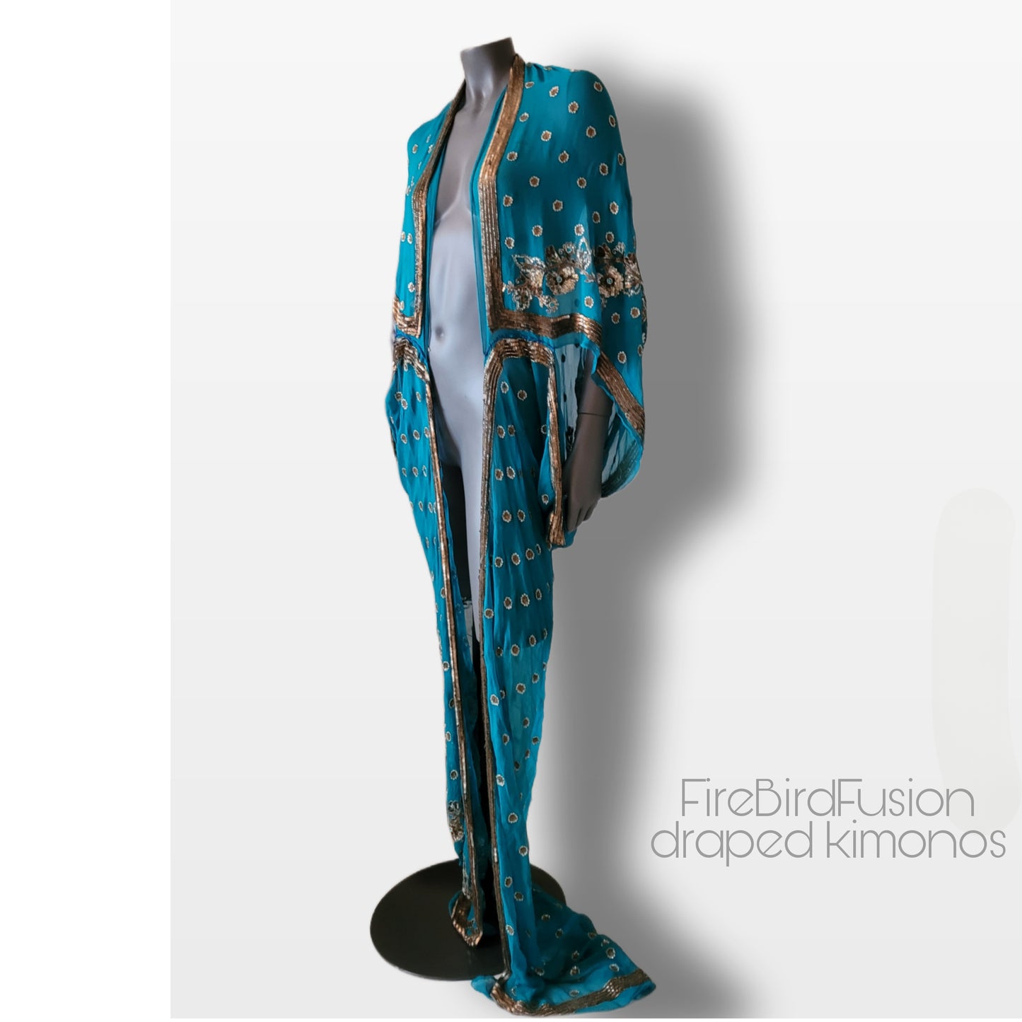 Luxurious draped kimono, peacock blue with elaborated hand embroidery in bronze, gold and blue (L-XL)