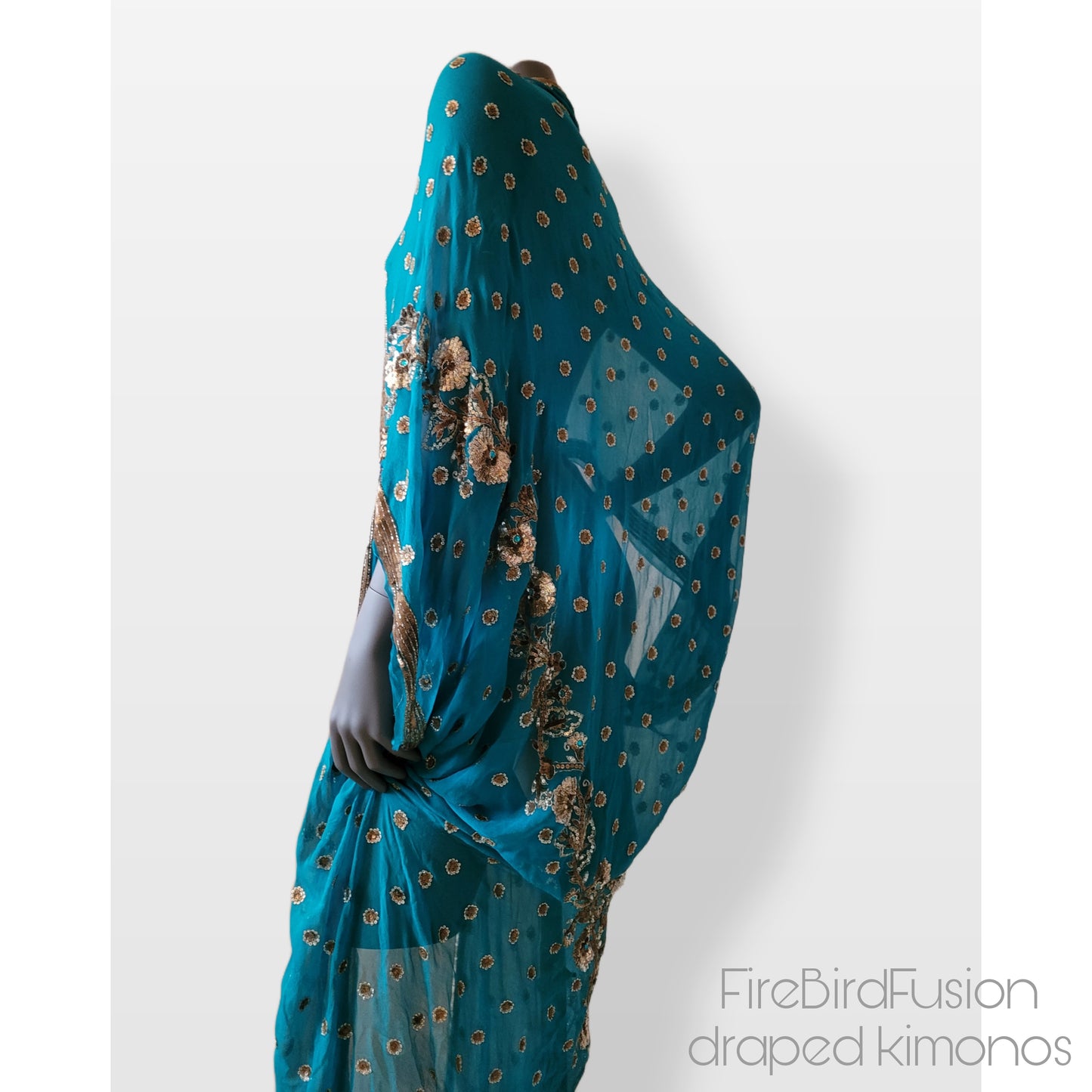 Luxurious draped kimono, peacock blue with elaborated hand embroidery in bronze, gold and blue (L-XL)