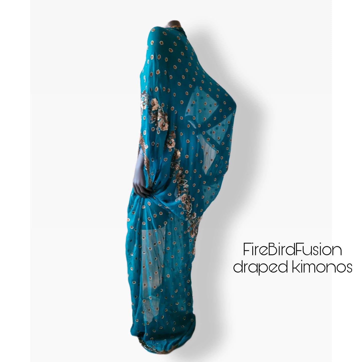 Luxurious draped kimono, peacock blue with elaborated hand embroidery in bronze, gold and blue (L-XL)