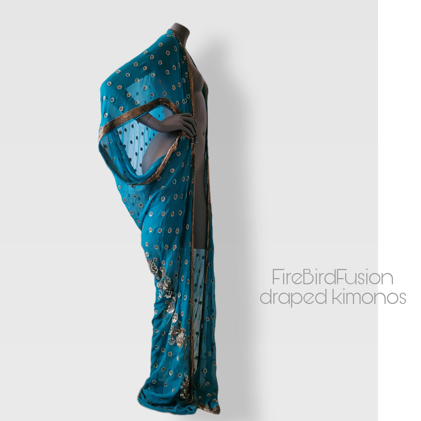 Luxurious draped kimono, peacock blue with elaborated hand embroidery in bronze, gold and blue (L-XL)