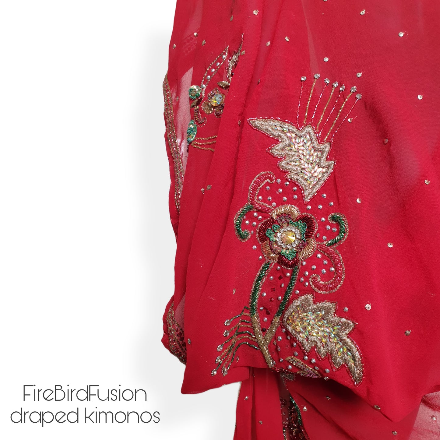 Draped kimono in red with a mix of glass bead, sequins and zardozi embrodery (L)