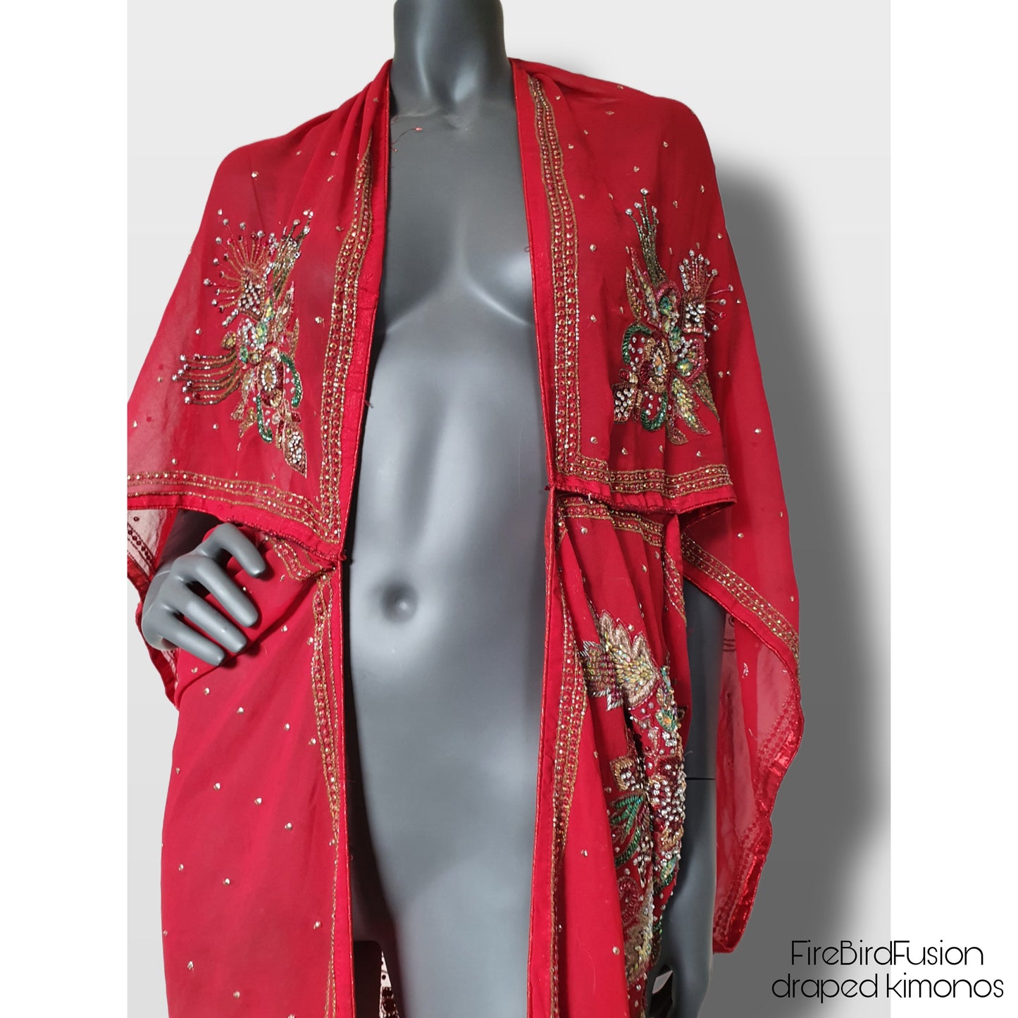 Draped kimono in red with a mix of glass bead, sequins and zardozi embrodery (L)