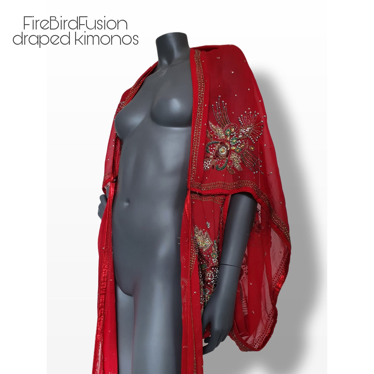 Draped kimono in red with a mix of glass bead, sequins and zardozi embrodery (L)