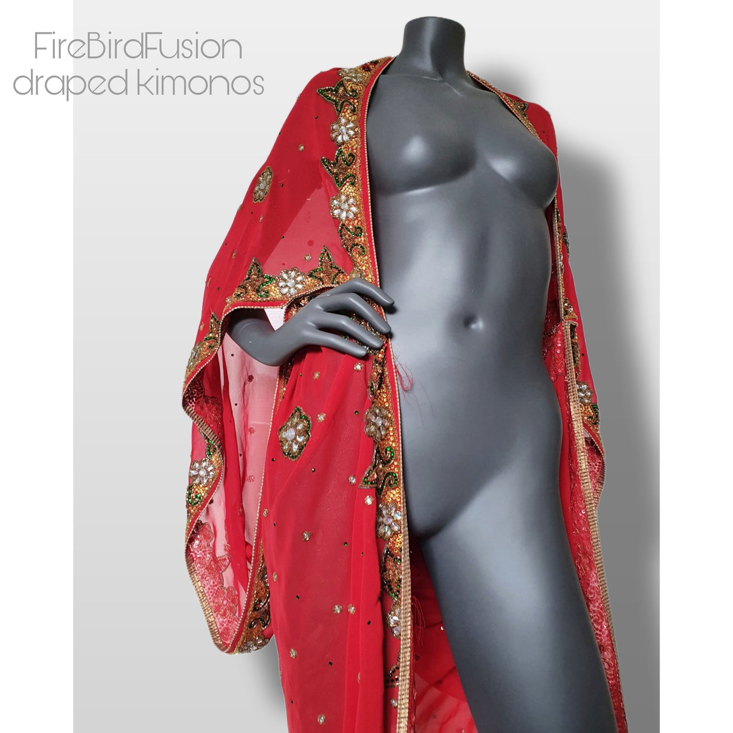 Draped kimono in red with a beautifully embroidered trim with glass beads (L)