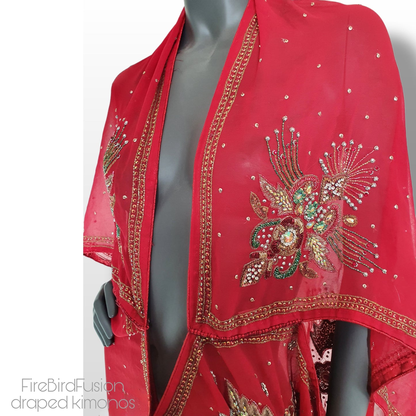 Draped kimono in red with a mix of glass bead, sequins and zardozi embrodery (L)