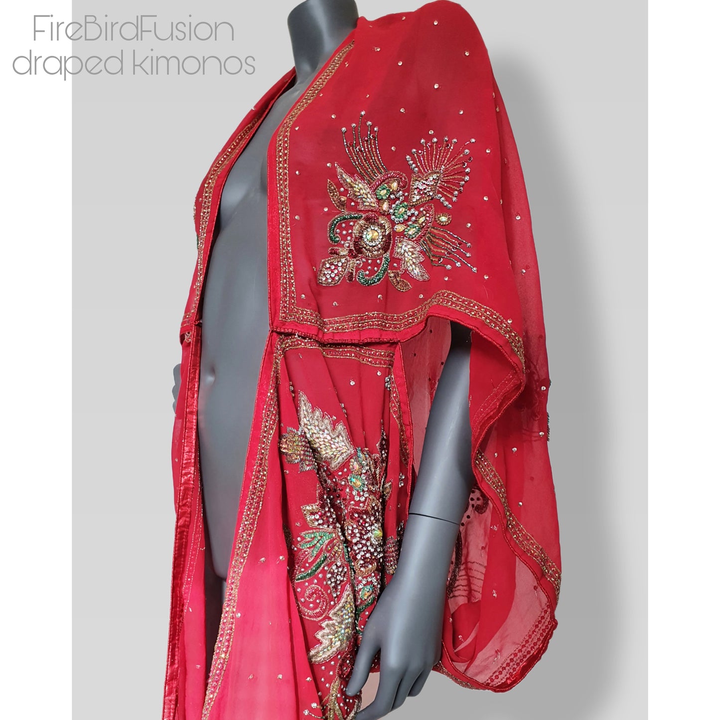 Draped kimono in red with a mix of glass bead, sequins and zardozi embrodery (L)