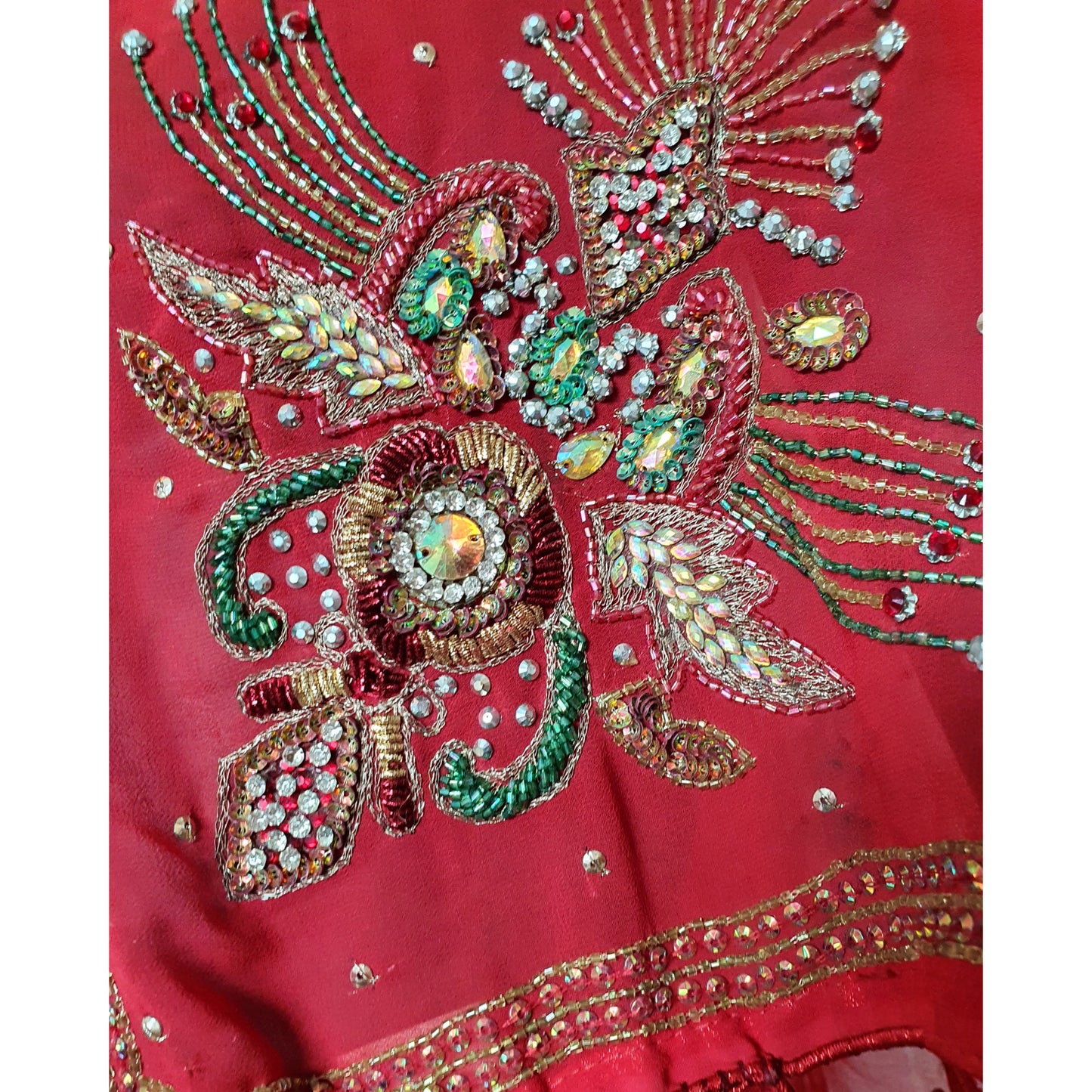 Draped kimono in red with a mix of glass bead, sequins and zardozi embrodery (L)