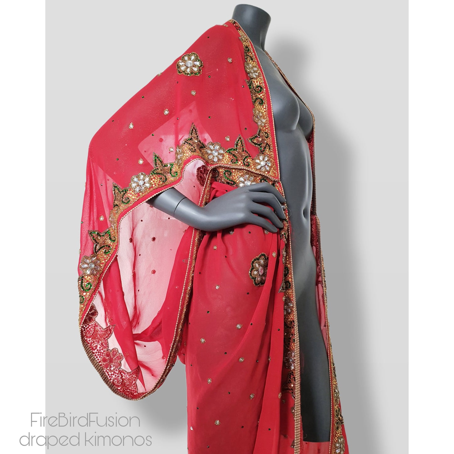 Draped kimono in red with a beautifully embroidered trim with glass beads (L)