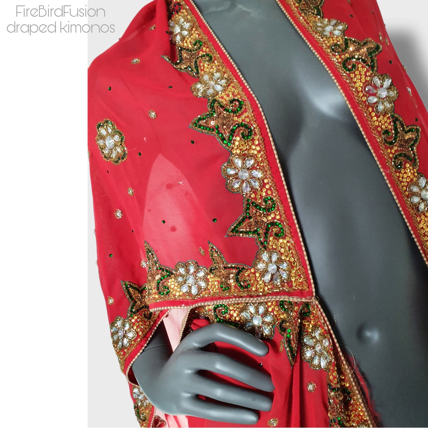 Draped kimono in red with a beautifully embroidered trim with glass beads (L)