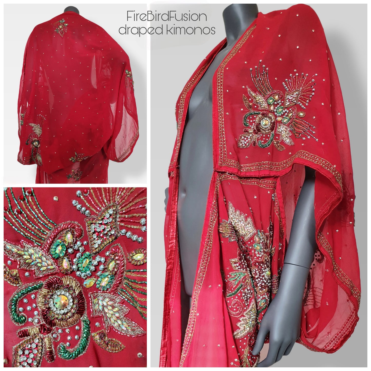 Draped kimono in red with a mix of glass bead, sequins and zardozi embrodery (L)