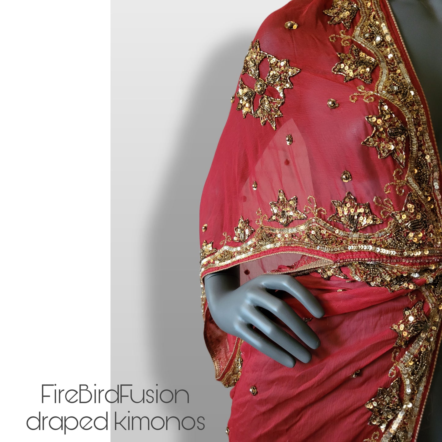 Draped kimono in red with elaborated hand embrodery in gold (M-L)