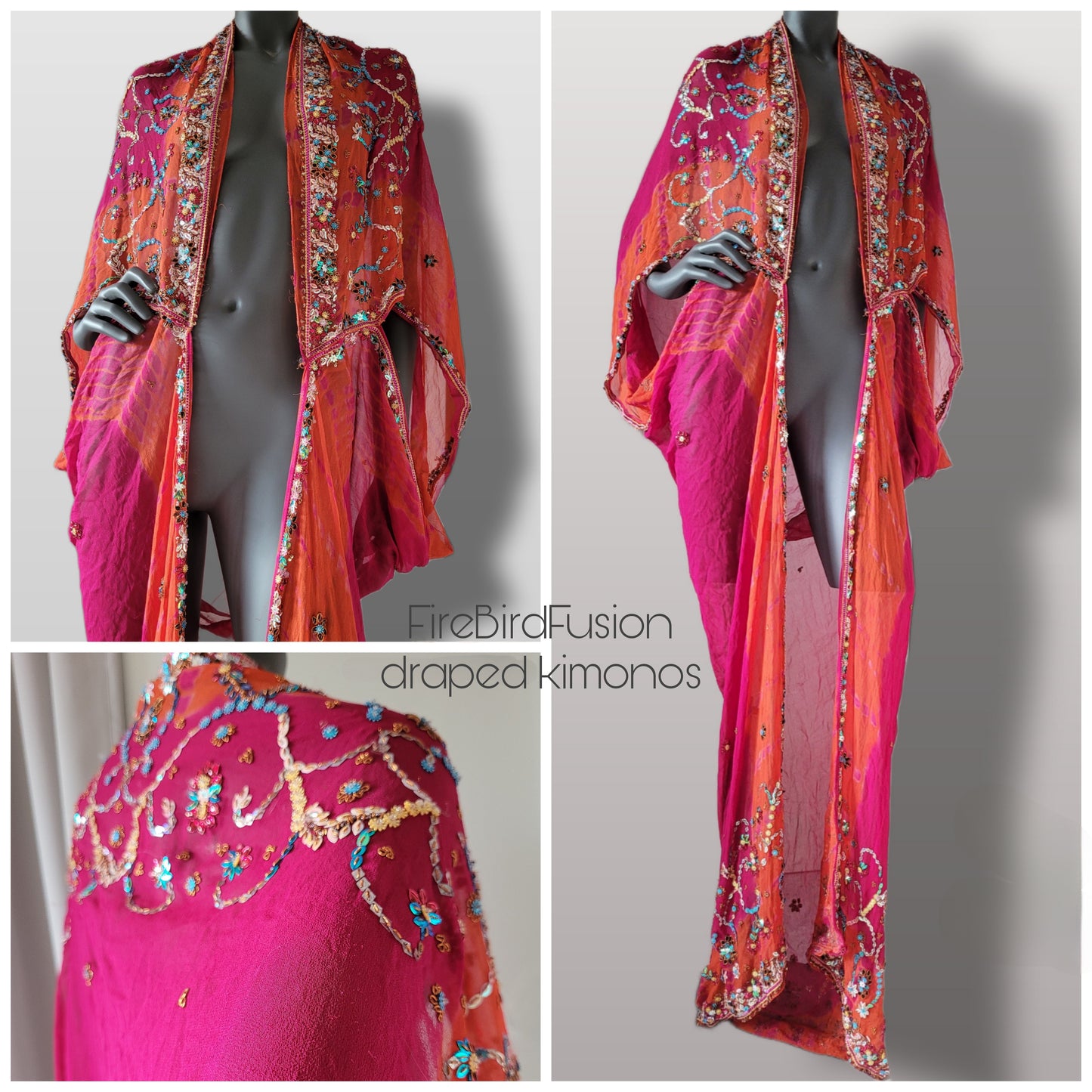 Luxurious draped silk mix kimono, hand dyed in hot pink and orange with stunning embroidery in pride colours (XL)