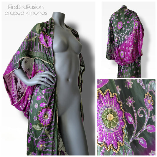 Draped kimono in purple and forest green with embroidery in greens and purples (M)