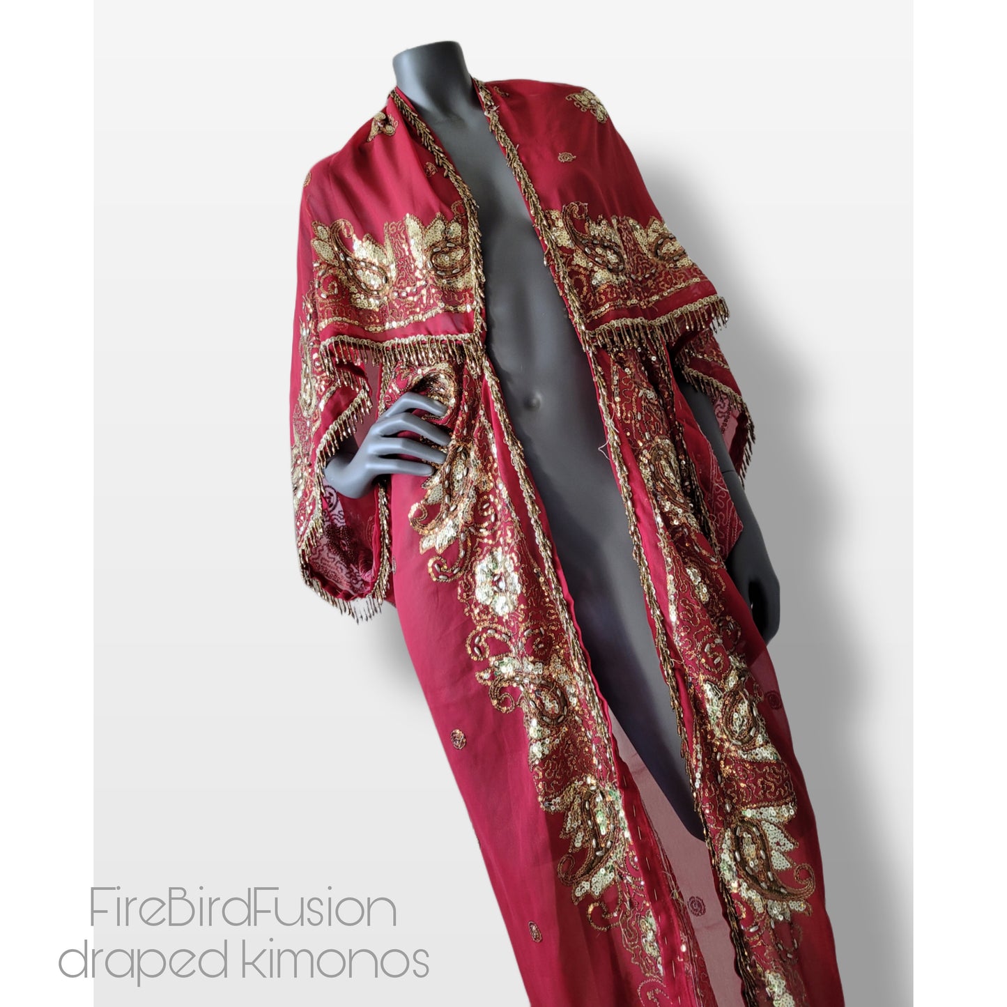 Draped kimono in red with elaborated hand embrodery in gold with beaded fringe (M)
