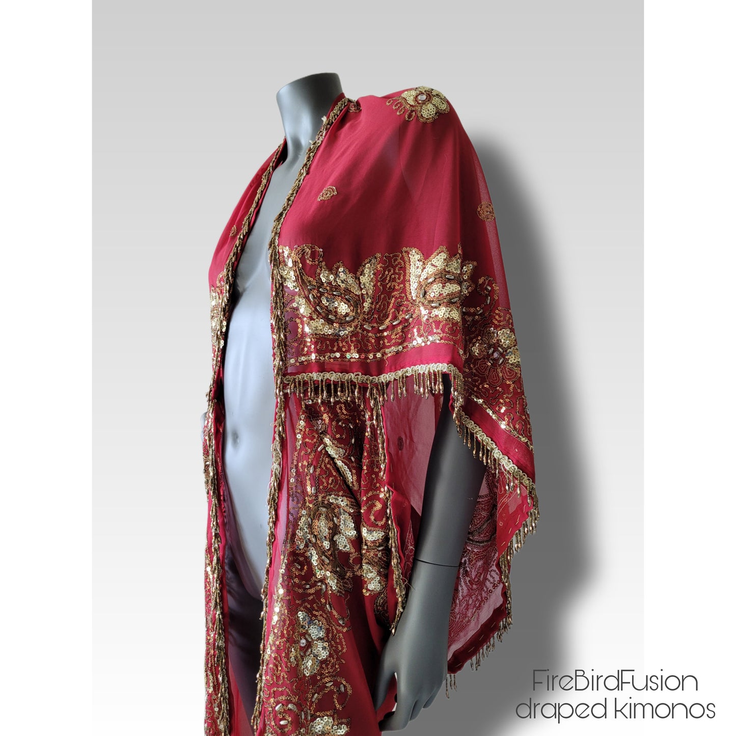 Draped kimono in red with elaborated hand embrodery in gold with beaded fringe (M)