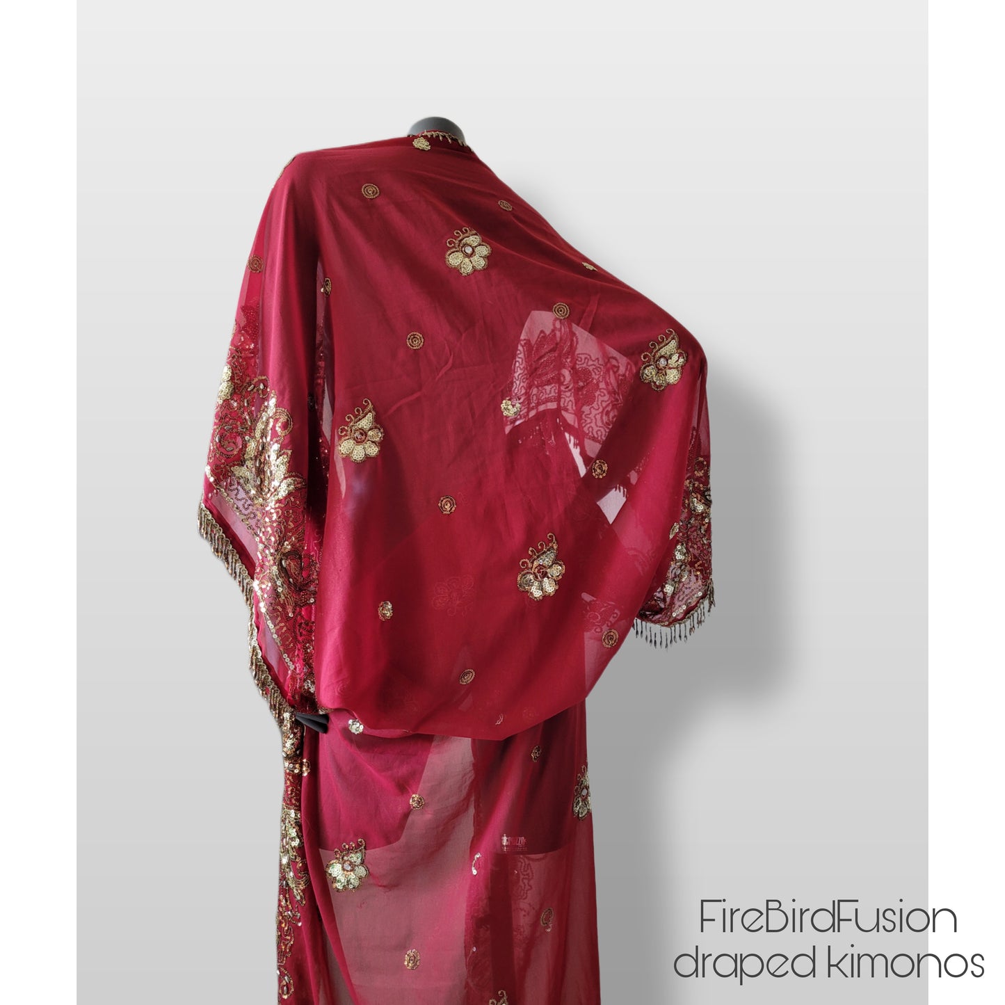 Draped kimono in red with elaborated hand embrodery in gold with beaded fringe (M)
