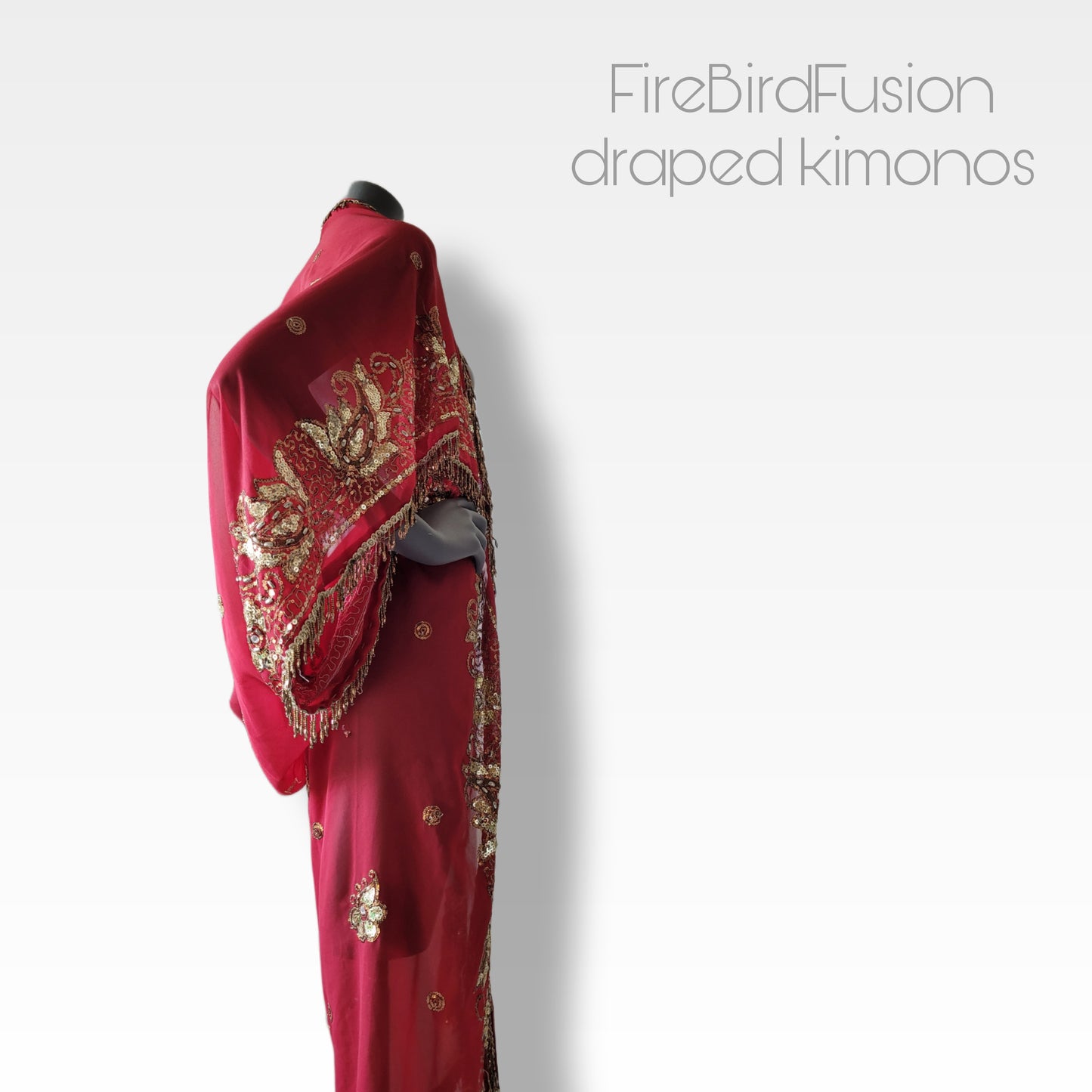 Draped kimono in red with elaborated hand embrodery in gold with beaded fringe (M)