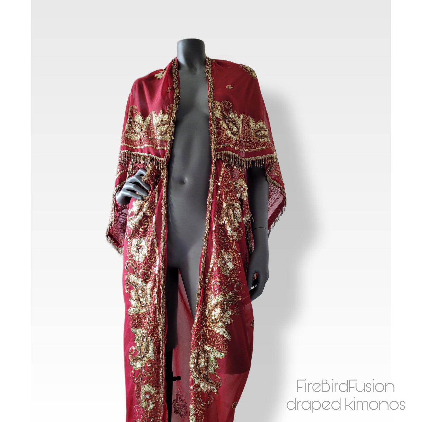 Draped kimono in red with elaborated hand embrodery in gold with beaded fringe (M)