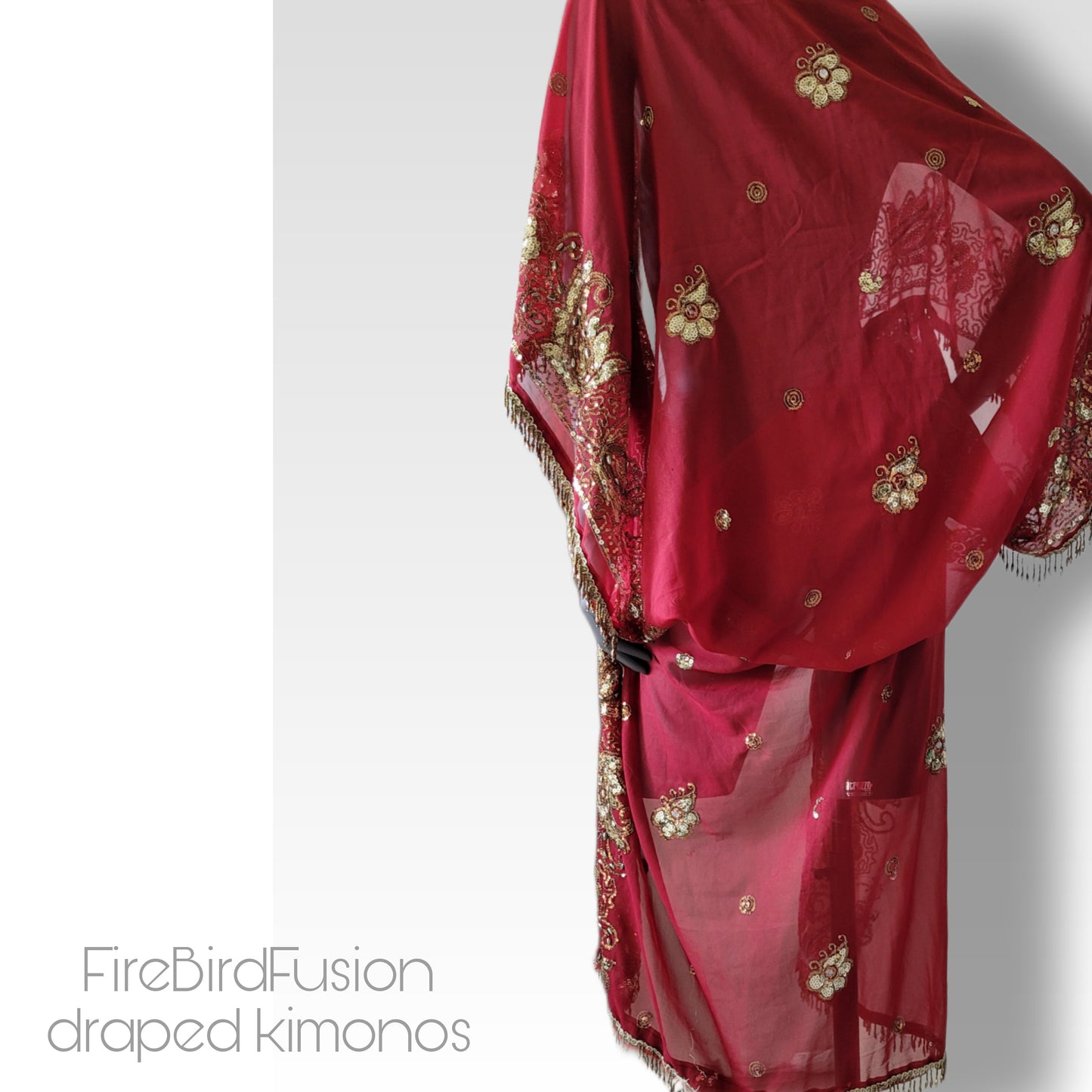 Draped kimono in red with elaborated hand embrodery in gold with beaded fringe (M)