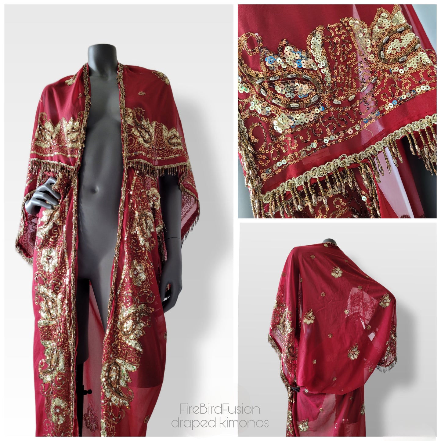 Draped kimono in red with elaborated hand embrodery in gold with beaded fringe (M)