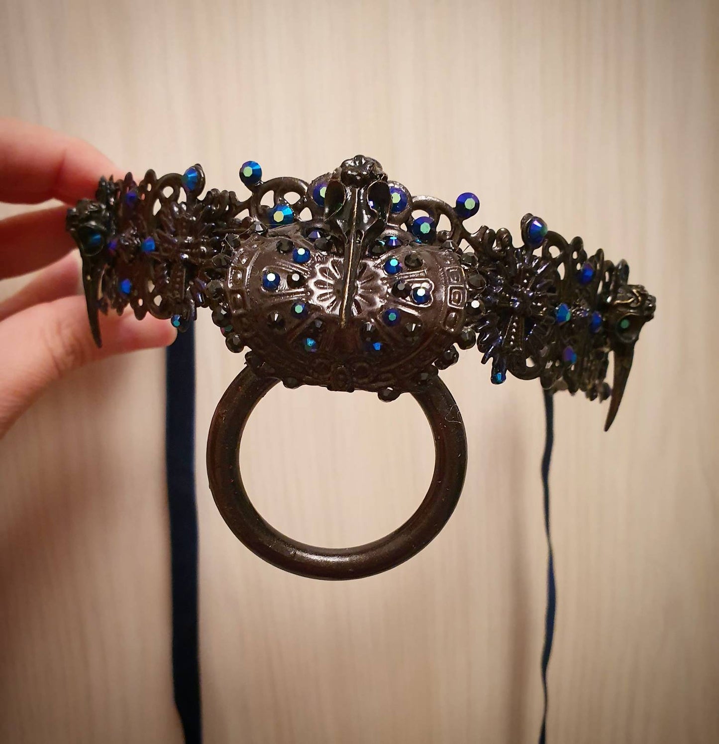 Raven's Graveyard Metal Choker in black w irredecent blue and black rhinestones, sample couture show piece