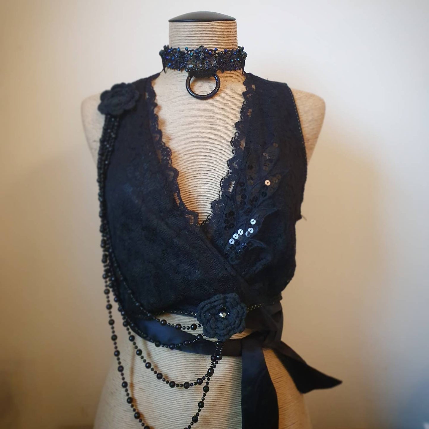Raven's Graveyard Metal Choker in black w irredecent blue and black rhinestones, sample couture show piece