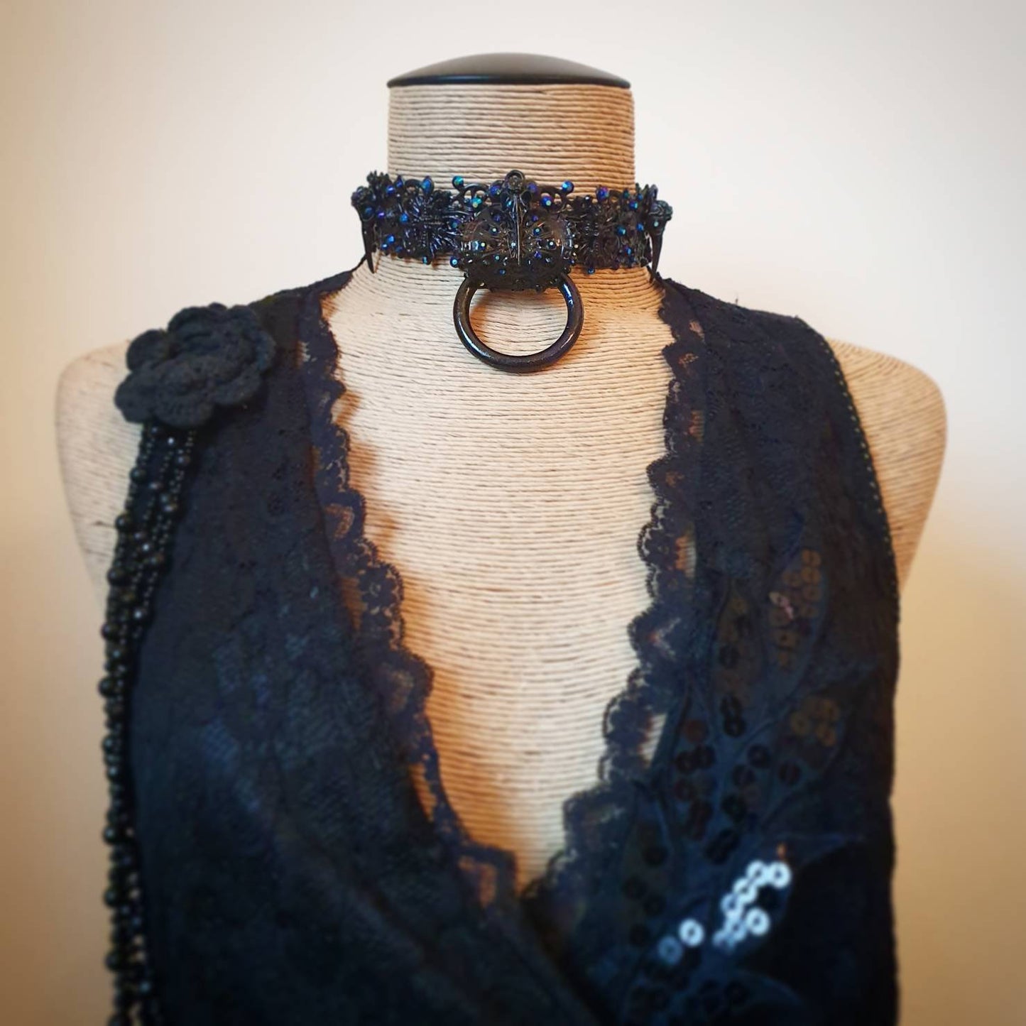 Raven's Graveyard Metal Choker in black w irredecent blue and black rhinestones, sample couture show piece