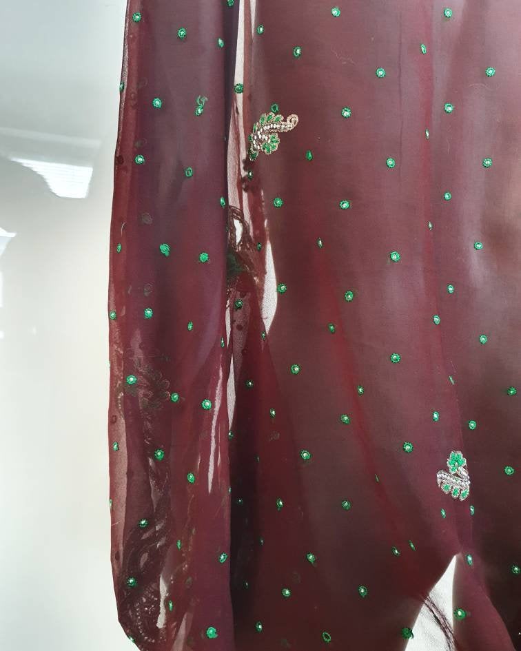 Draped coffee brown kimono with elaborated hand embrodery in silver and green (L)